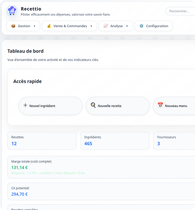Tableau de bord Recettio : recettes, marges et coût de revient en un coup d'œil