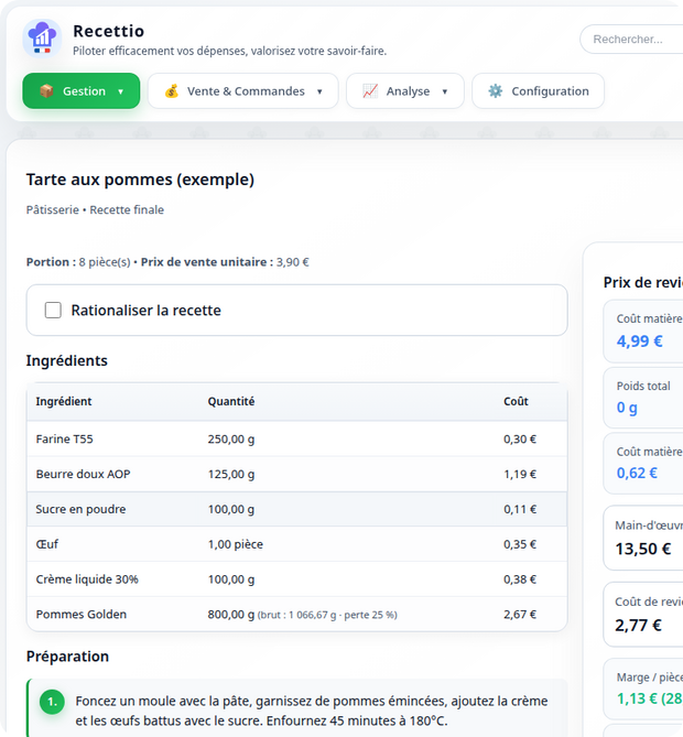 Fiche recette avec décomposition du coût de revient : matière, main-d'œuvre, frais généraux et prix conseillé